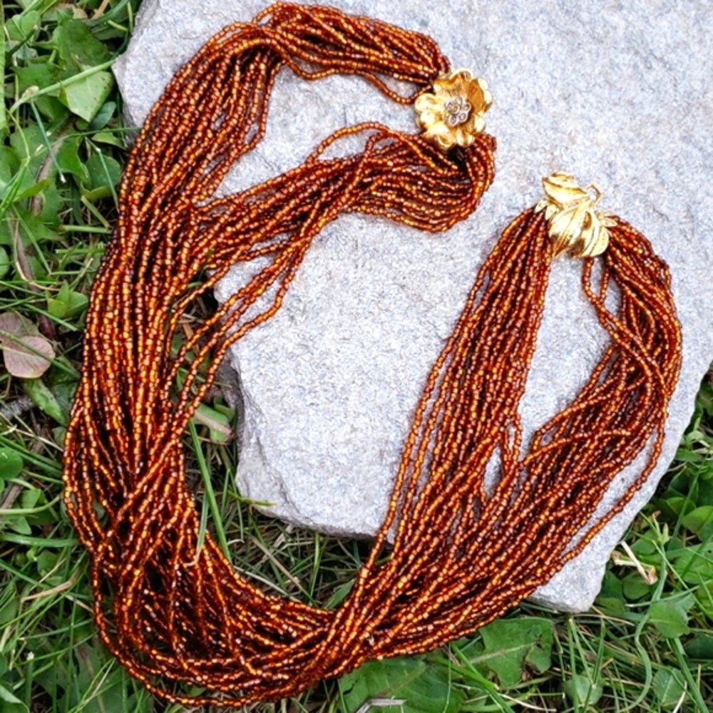 Vtg Amber Glass Bead Flower RS Torsade Necklace - Picture 7 of 8